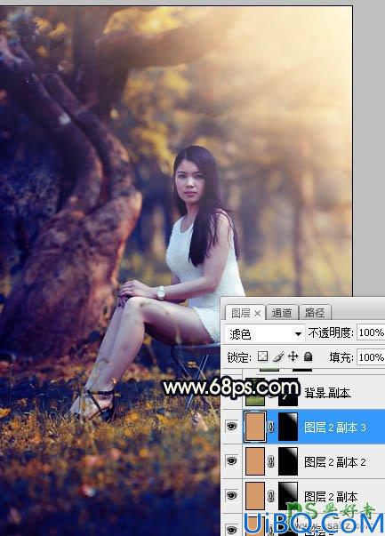 Photoshop美女图片调色教程：给树林中的性感伊人写真照调出唯美的黄色