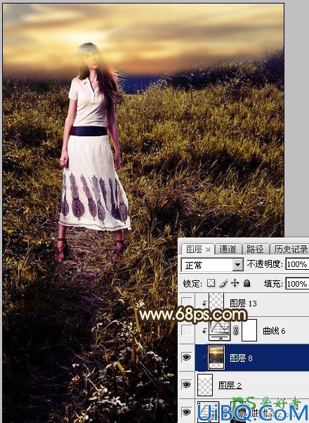 Photoshop草场上自拍的欧美公主小妹个人写真照调出蛋黄色晨曦效