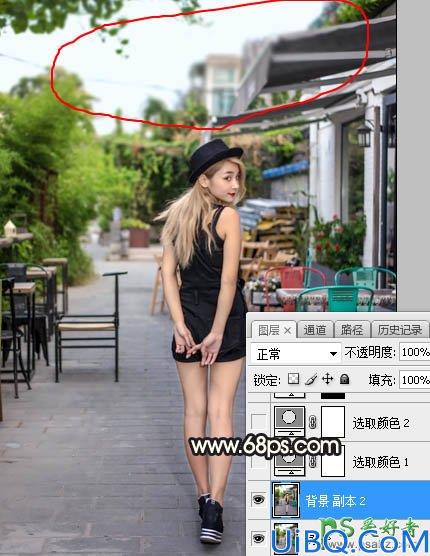 Photoshop女生照片调色：给餐厅外的金发性感女生照片调出明亮的霞光色彩