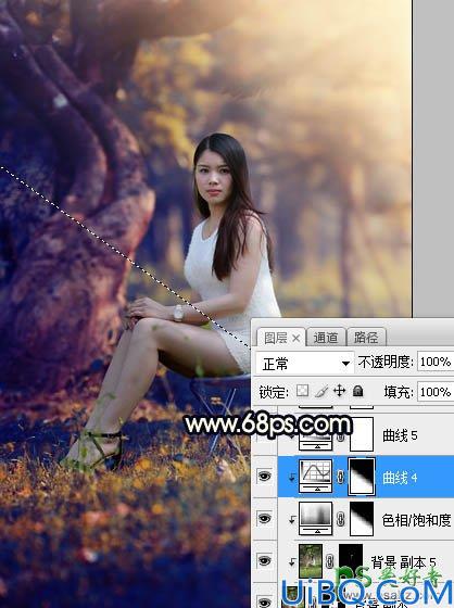 Photoshop美女图片调色教程：给树林中的性感伊人写真照调出唯美的黄色