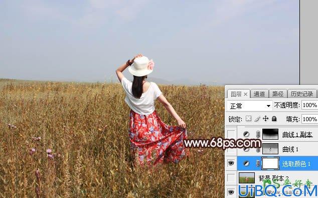 Photoshop给草场上自拍的少女艺术照调出梦幻的青红色，霞光色彩