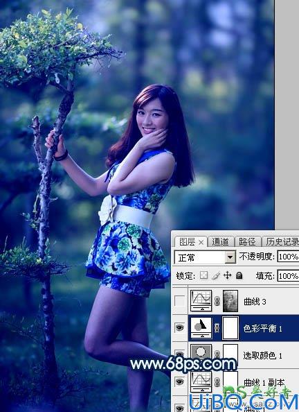 Photoshop美女图片调色：给小树林中的修长美腿美女生活照调出梦幻的蓝色
