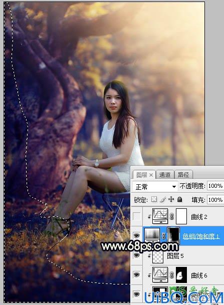 Photoshop美女图片调色教程：给树林中的性感伊人写真照调出唯美的黄色