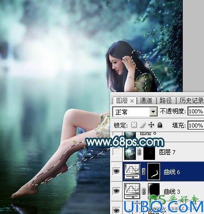 Photoshop给清纯玉腿美脚女神艺术写真图片调出梦幻唯美的青绿色