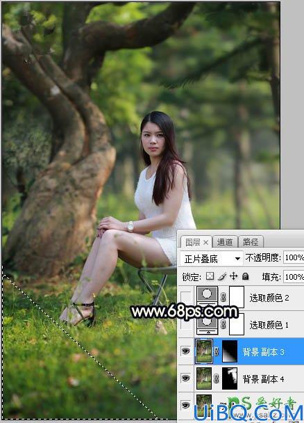 Photoshop美女图片调色教程：给树林中的性感伊人写真照调出唯美的黄色