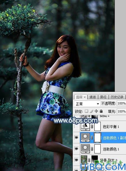 Photoshop调色教程：给树林中的性感美女老师写真照调出唯美的夏季青蓝色