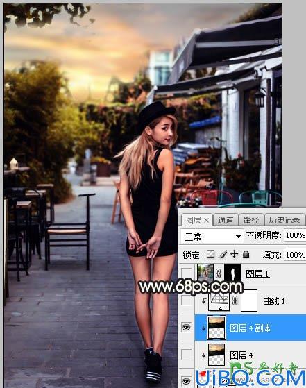 Photoshop女生照片调色：给餐厅外的金发性感女生照片调出明亮的霞光色彩