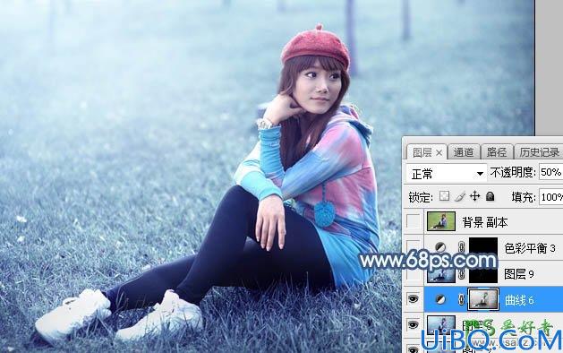 Photoshop调色教程实例：给公园草地上自拍的女生照片调出唯美的淡青色