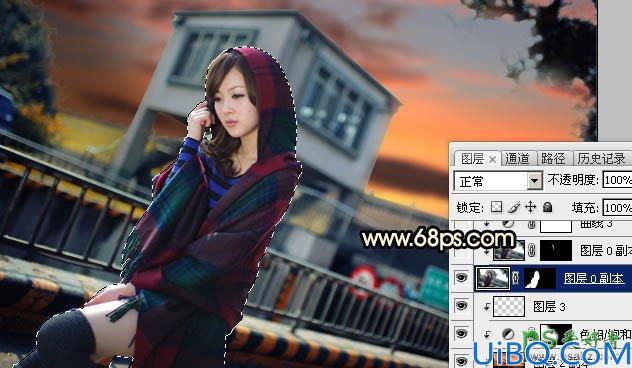 Photoshop给城市天桥上自拍的性感女孩儿生活照调出暗调霞光色彩