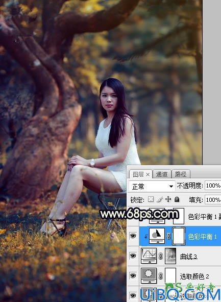 Photoshop美女图片调色教程：给树林中的性感伊人写真照调出唯美的黄色