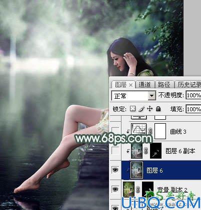 Phootshop给春季外景自拍的长腿玉足唯美女生照片调出古典暗绿色