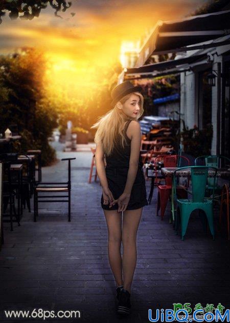 Photoshop女生照片调色：给餐厅外的金发性感女生照片调出明亮的霞光色彩