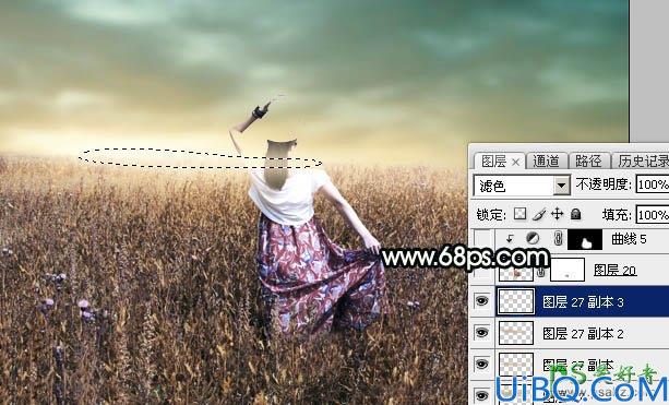 Photoshop女生照片调色：给美丽田野上的漂亮女生写真照调出柔美的青黄色