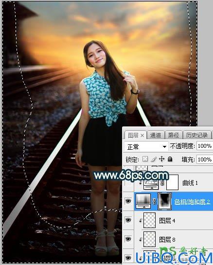 PhotoShop给铁轨中间自拍的长发美女模特图片调出唯美的黄色效果