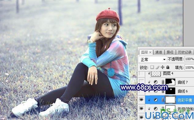 Photoshop给草地上自拍的韩国女优个人写真图片调出淡调蓝黄色