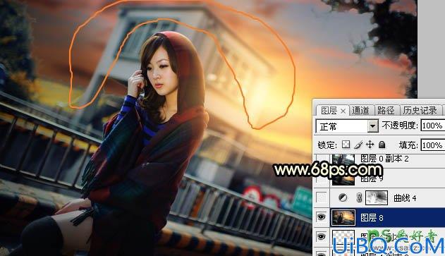 Photoshop给城市天桥上自拍的性感女孩儿生活照调出暗调霞光色彩