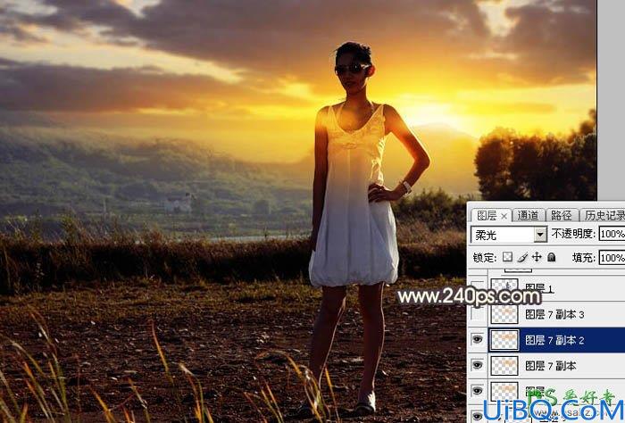 Photoshop给穿吊带裙的漂亮美女外拍写真照片调出唯美的逆光效果