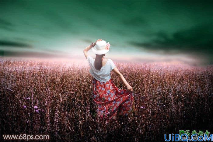 Photoshop给草场上自拍的少女艺术照调出梦幻的青红色，霞光色彩