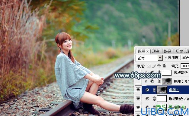 Photoshop漂亮女生照片调色：给外景铁路上的可爱女生照片调出甜美的青红