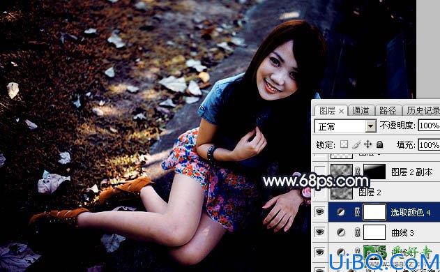 Photoshop美女图片调色：给公园长凳边的雪白美腿女孩生活照调出秋季暖色