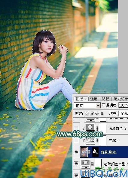 Photoshop女生照片调色：给街头围墙边的唯美女生写真照调出甜美的青红色