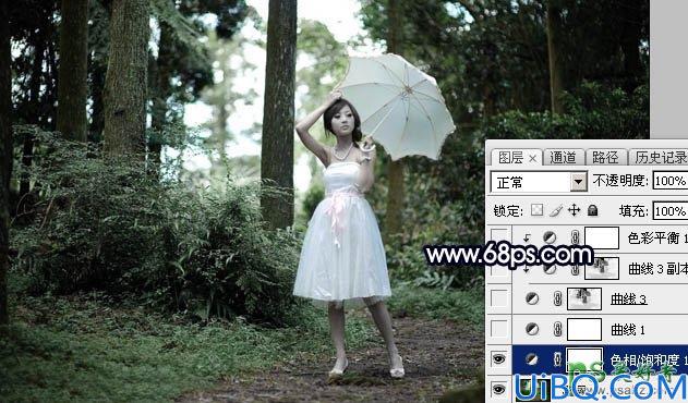 Photoshop给绿色树林中自拍的美女风光照片调出暗夜霞光色调