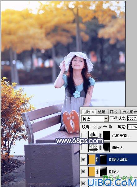 Photoshop调色教程：给公园里小清新可爱女生照片调出清爽的秋季蓝橙色效