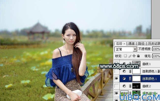 Photoshop美女图片调色：给荷塘边的香肩美少女艺术照调出唯美的晨曦暖褐