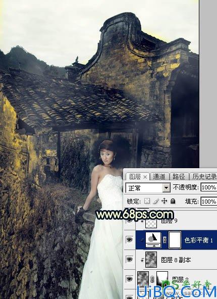 Photoshop婚片调色：给残旧古建筑中的美腿高跟婚片美女调出唯美的霞光色