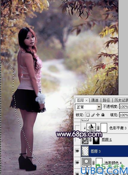 Photoshop调色教程：给树林中自拍的可爱女孩生活照调出秋季蓝紫色
