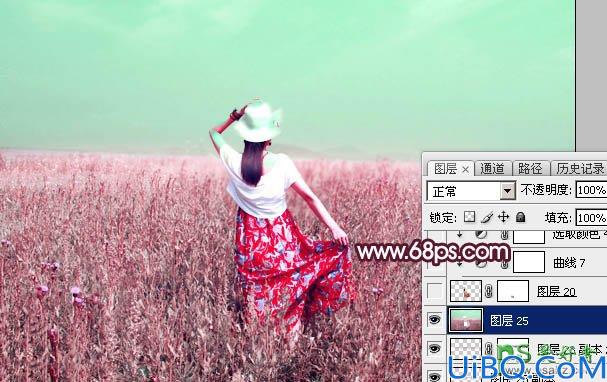 Photoshop给绿色草原上的唯美少女写真图片调出魔幻般意境红绿色