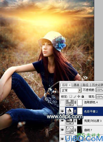 Photoshop美女图片调色：给草丛中自拍的欧美女生照片调出柔和的晨曦霞光