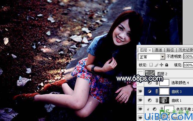 Photoshop美女图片调色：给公园长凳边的雪白美腿女孩生活照调出秋季暖色