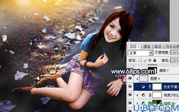 Photoshop美女图片调色：给公园长凳边的雪白美腿女孩生活照调出秋季暖色