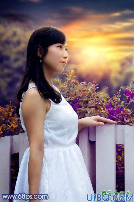 Photoshop给篱芭边自拍的性感美人生活照调出唯美漂亮的朝霞色彩