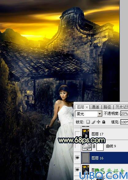Photoshop婚片调色：给残旧古建筑中的美腿高跟婚片美女调出唯美的霞光色