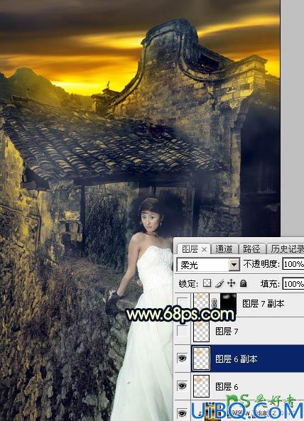 Photoshop婚片调色：给残旧古建筑中的美腿高跟婚片美女调出唯美的霞光色