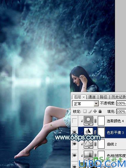Photoshop调色教程：给河边上自拍的清纯玉腿少女艺术照调出唯美的青蓝色