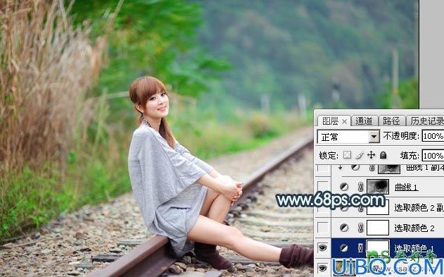 Photoshop漂亮女生照片调色：给外景铁路上的可爱女生照片调出甜美的青红