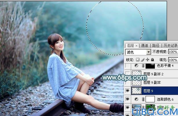 Photoshop给外景自拍的唯美女生照片调出梦幻的春季青色效果