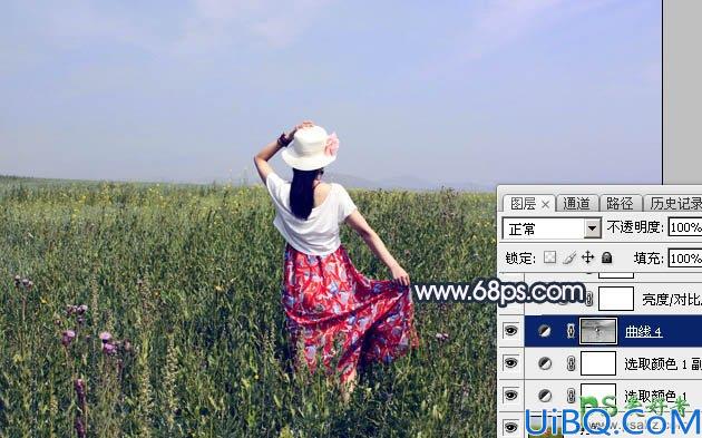 Photoshop给草原上的唯美意境女生写真照调出大气的红褐色效果