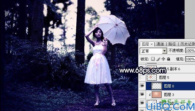 Photoshop给绿色树林中自拍的美女风光照片调出暗夜霞光色调