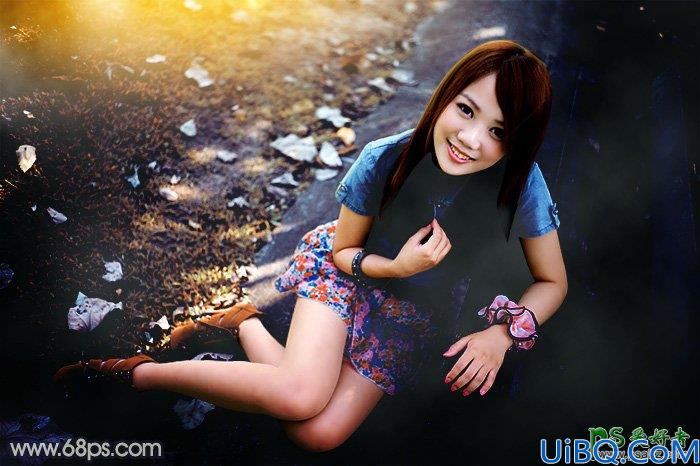 Photoshop美女图片调色：给公园长凳边的雪白美腿女孩生活照调出秋季暖色