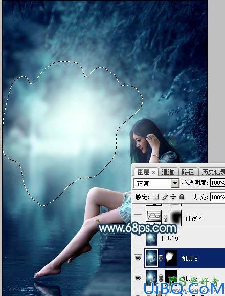 Photoshop调色教程：给河边上自拍的清纯玉腿少女艺术照调出唯美的青蓝色