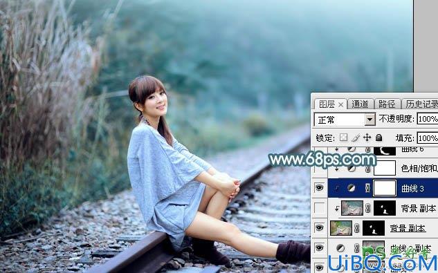 Photoshop给外景自拍的唯美女生照片调出梦幻的春季青色效果