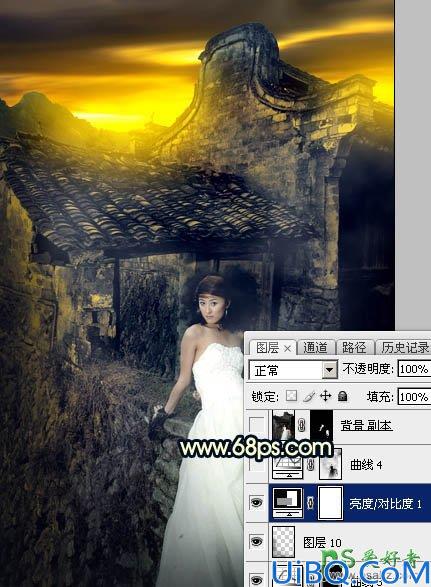 Photoshop婚片调色：给残旧古建筑中的美腿高跟婚片美女调出唯美的霞光色