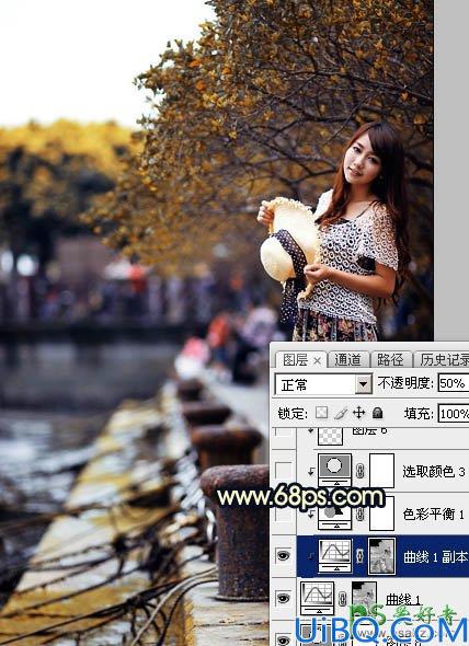 Photoshop调色教程：给码头边自拍的美女写真照调出唯美意境风格的蓝黄色