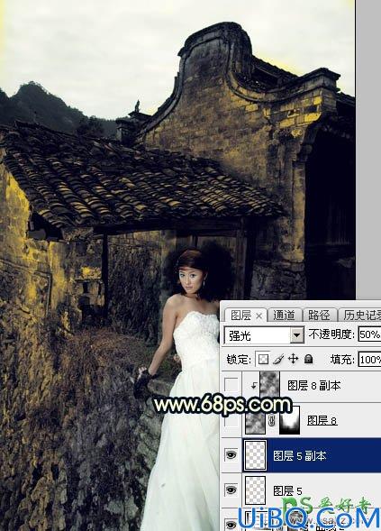 Photoshop婚片调色：给残旧古建筑中的美腿高跟婚片美女调出唯美的霞光色