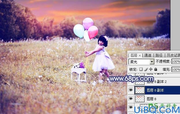 Photoshop调色教程：给可爱的小女孩儿外景生活照调出梦幻的蓝红色，霞光