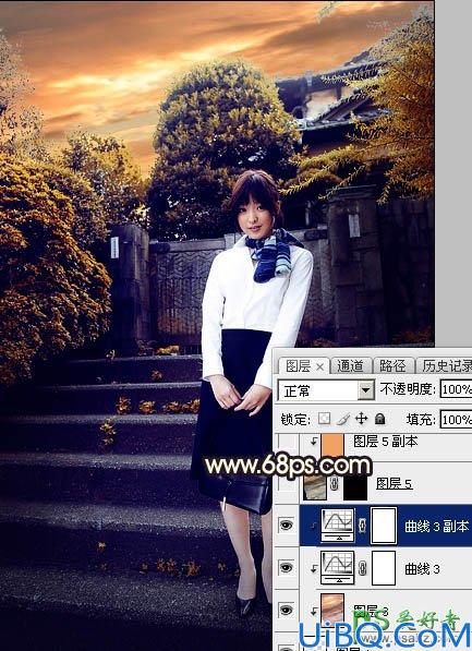 Photoshop给性感空姐制服美女外景写真图片调出唯美的夕阳霞光色